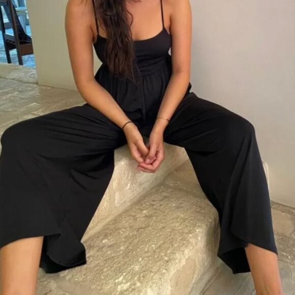 URBAN OUTFITTERS UO Wide Leg Jumpsuit Solid Black Sleeveless Cropped Crop Ankle - Picture 3 of 16